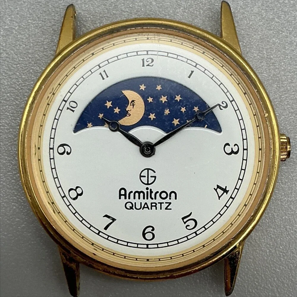 Vintage Armitron Womens Watch 32mm Gold Tone Moon Phase NOT RUNNING FOR PARTS